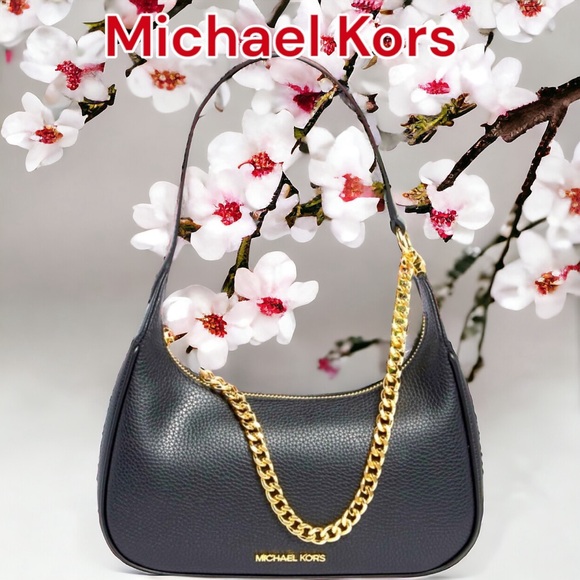 Michael Kors Black PIPER Tote, Shoulder Bag With Chain Accents Pebbled Leather - Picture 2 of 16